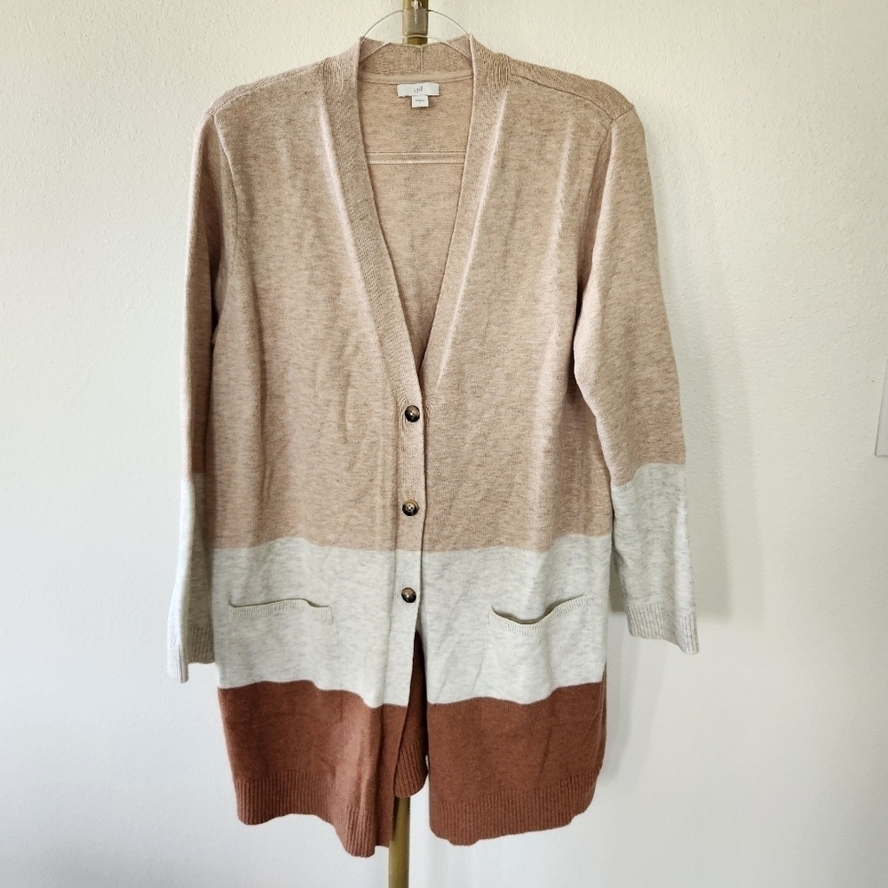 J Jill Sz Large Long Button Front Color Block Cardigan Sweater Neutral Lagenlook
